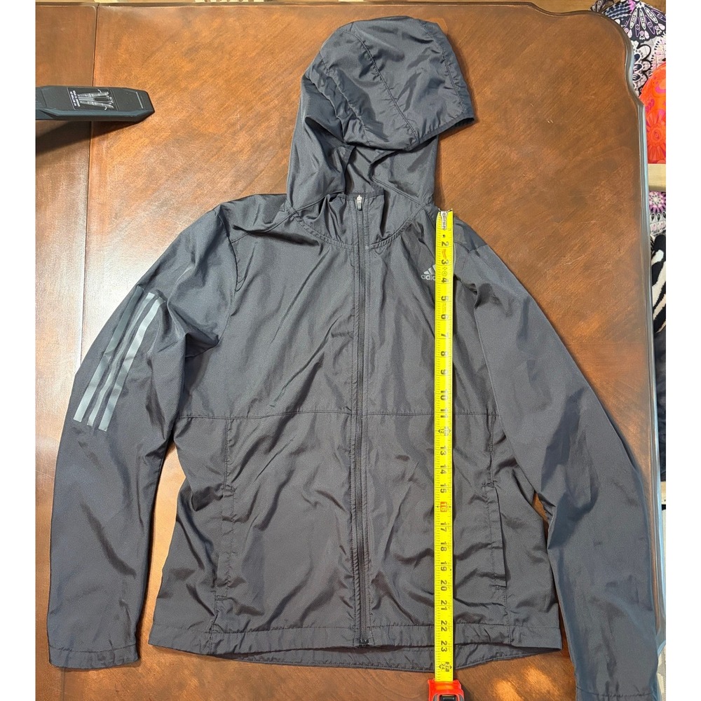 Adidas Womens Black Hooded Windbreaker Jacket Full Zip 3-Stripe Running Size M - Picture 3 of 6